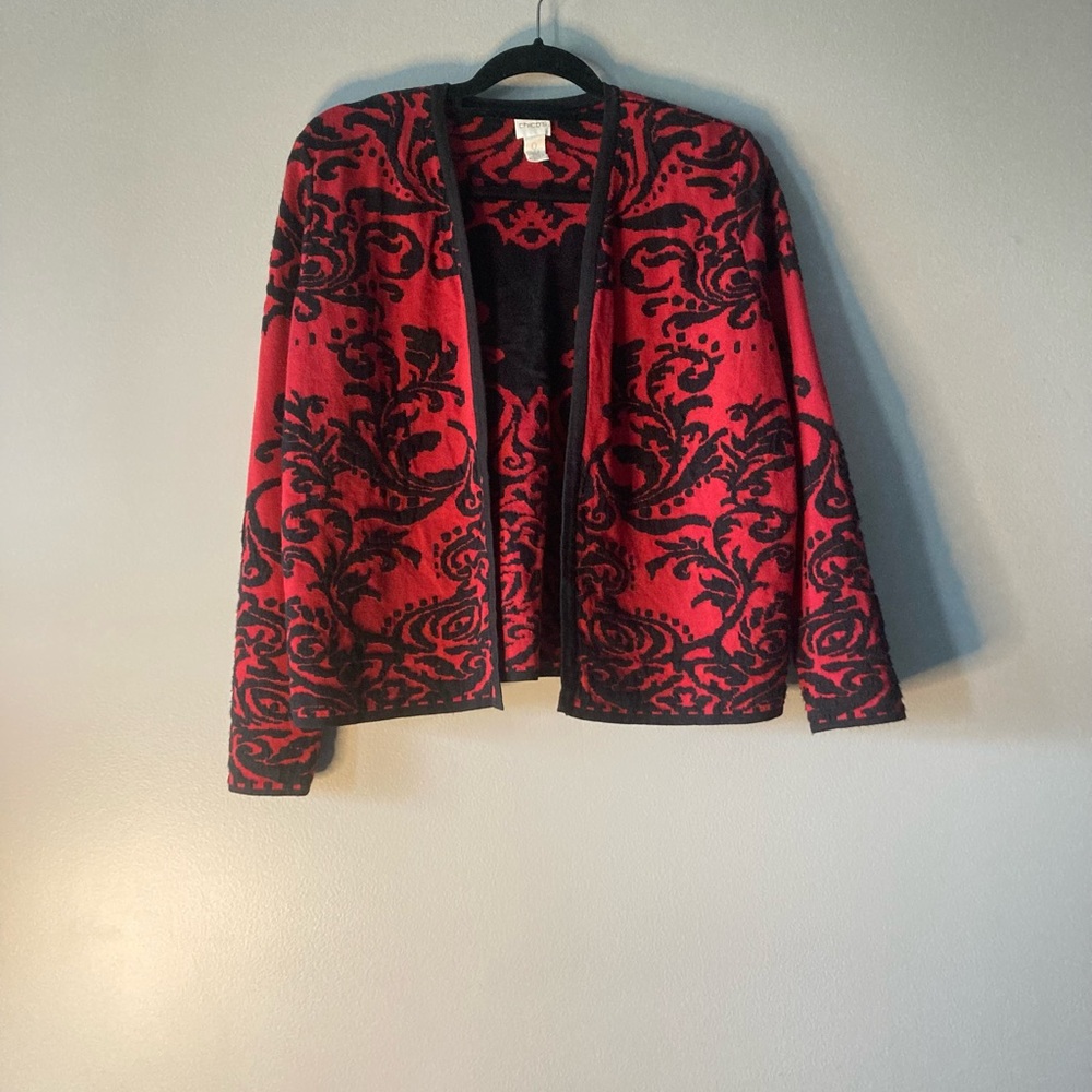 Red and Black Chicos Cardigan Open Front Sweater 0 Wool Blend Cozy Warm.